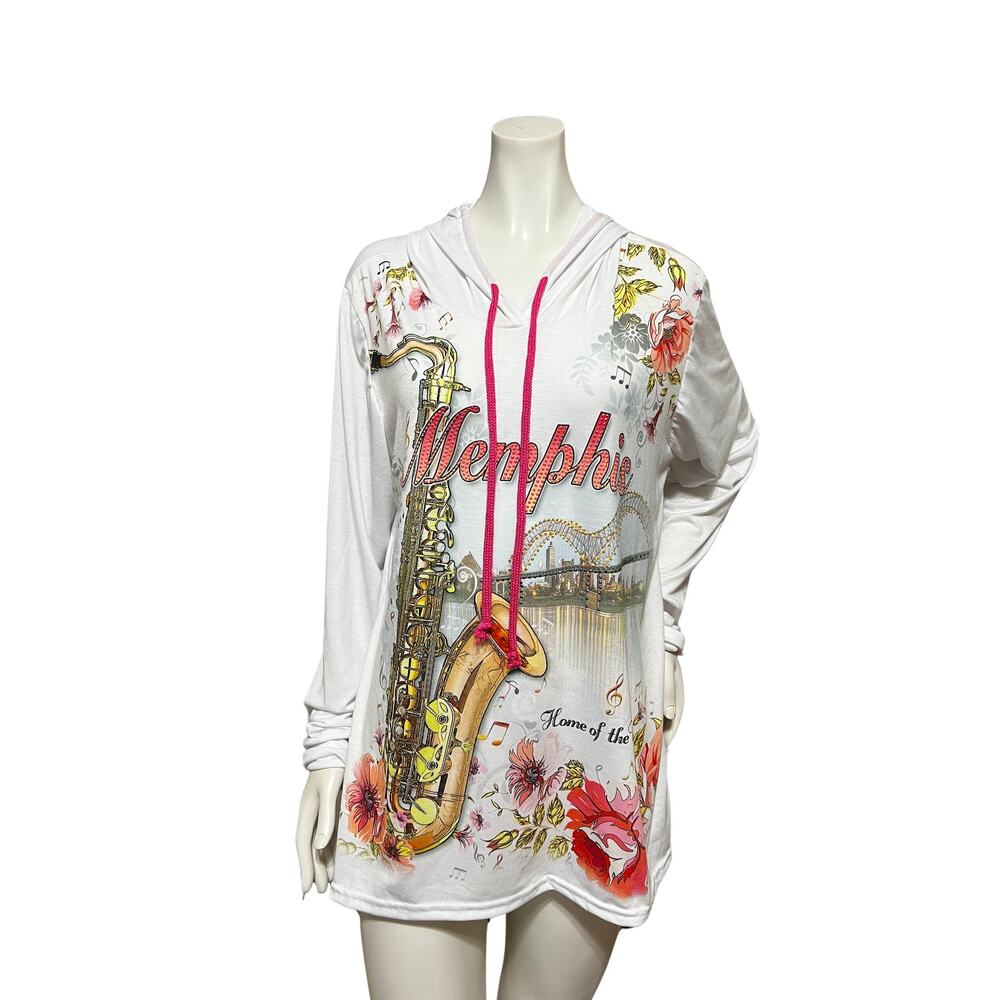 Sweet Gisele "Memphis" Rhinestone Double Sided LS White Hoodie  (Fits Like XL)